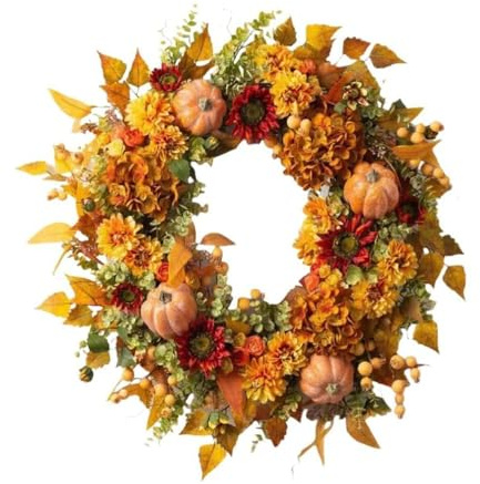 Autumn Wreath for Front Door 17.7IN/45cm,Artificial Fall Hydrangea Pumpkin Wreath with Pumpkins,Pinecones and Maple Leaves,For Thanksgiving Halloween Harvest Festival Indoor Outdoor Decorations (1)