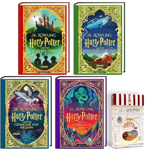 J.K. Rowling Bücher Set - Harry Potter Band 1-4 Papierkunst-Schmuckausgaben inkl. Bertie Botts Bohnen 35g - Illustrierte Hardcover Editionen mit Papierkunst - Geschenkbox für Fans und Sammler