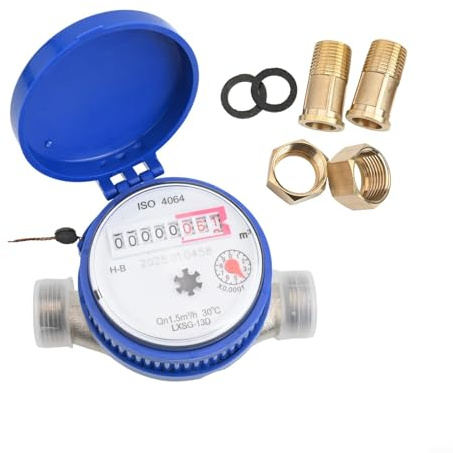 Compteur d'eau froide à cadran sec à débit unique / 5,1 cm pour la maison et le jardin avec adaptateurs filetés, compteur de cuivre LXSG-13D avec BSPT pour connexions NPT,