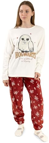 Harry Potter Pigiama da Donna a Maniche Lunghe e Gambe Lunghe di Hedwig in Pile Caldo Rosso e Crema | Design della Scuola di Magia e Stregoneria di Hogwarts | Merchandising