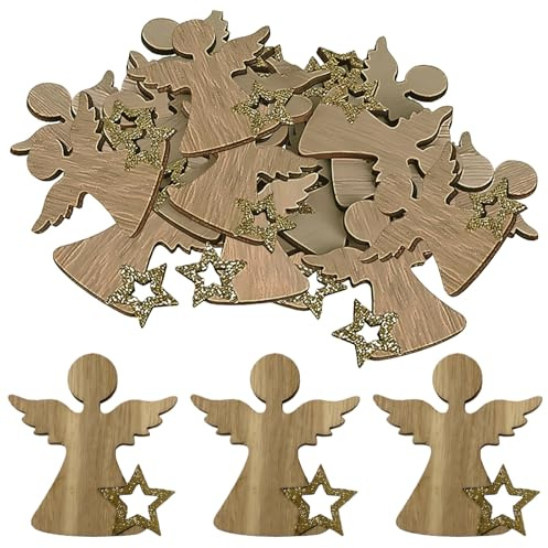 KLINNA 48 Stück Engel aus Holz zum Basteln, Filigrane Tischdeko für Weihnachten mit Holzsternen, Konfetti Engel als Streuteile für Advent, Hochzeit & DIY Projekte, Tischdeko Glücksbringer