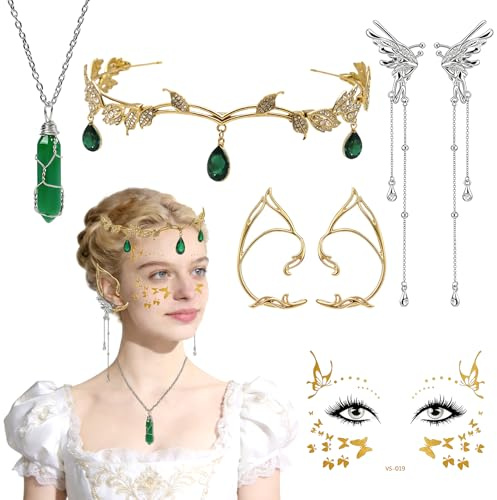 5 Stück Elfen Kostüm Damen Zubehör Set mit Elfenohren Schmuck, Elfenkrone, Kristall Halskette, Ohrclips und Gesichtsaufkleber, Feen Kostüm, Waldfee Kostüm, Elfen Kostüm Zubehör, für Karneval Halloween