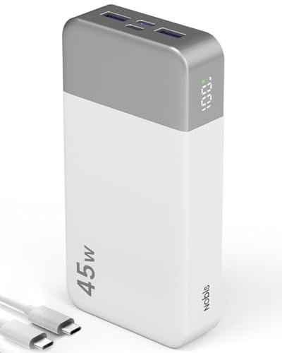 NOBIS bärbar laddare, 20000mAh 45W power bank med snabbladdning, batteripaket med 2 USB-C (in/ut) och 2 USB-A, digital display och lågströmmläge, kompatibel med telefon 17, S25 och surfplatta