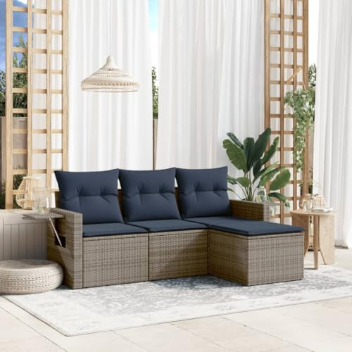 Ziaphsol 4-teiliges Gartensofa-Set, Grau Polyrattan, mit Kissen, klappbaren Beistelltischen, UV-beständig, modulares Design für Terrasse Balkon