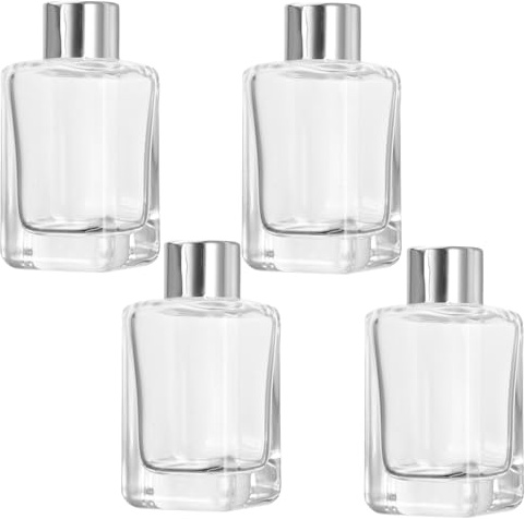 SUPVOX Juego de 4 Botellas Difusoras de Vidrio con Tapón Plateado, Capacidad 50 Ml, Envases para Aceites Esenciales y Perfumes, Frascos Reutilizables para Aromaterapia en Coche y Hogar