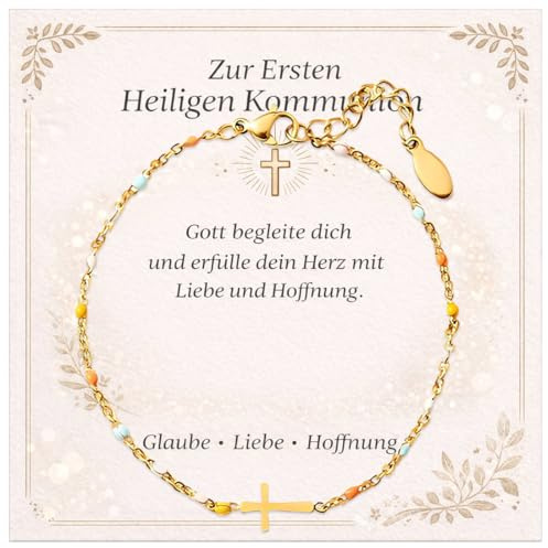 JIRVEX 1 Stück Geschenk Kommunion Mädchen Armband Kreuz Gold Kommunion Geschenke für Mädchen Erstkommunion Konfirmation Rosenkranz Stil