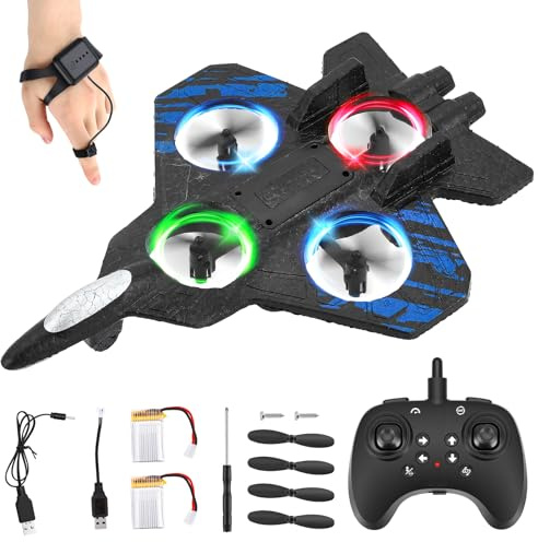 Jradse Avión Teledirigido, Avión RC 2,4 GHz, Control Remoto y Control de Muñeca, Avión Acrobático RC 360° Giros, 3 Velocidades, con Luz LED y Hélice de Repuesto, para Niños Principiantes, Azul