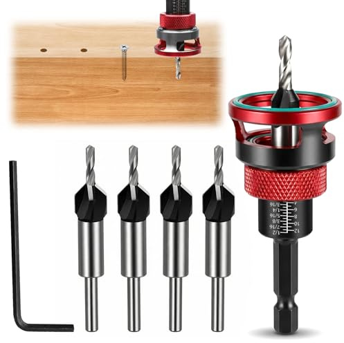 Kegelsenker Bohrer Set 6 tlg, Bohrer mit Senker | Bohrsenker mit Tiefenanschlag 1/4 Hex-Schaft Kegelsenker Holzbohrer mit Senker für Holz Holzbearbeitungs