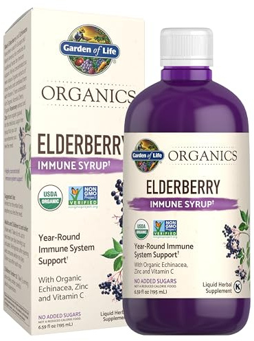 Garden of Life Organics Plant Based Elderberry Immune Syrup 6.59 floz (195 mL) for Kids & Adults - Sambucus, Echinacea, Zinc & Vitamin C, 0g Sugar, Organic Vegan Gluten Free Herbal Supplement