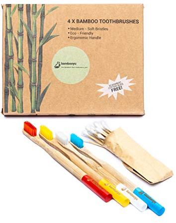Spazzolino da denti in bambù biologico, vegano, confezione da 4, bastoncini di cotone in bambù gratuiti, spazzolino ecologico, manico biodegradabile al 100%, setole colorate senza BPA, morbide