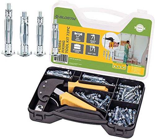 BLOSTM 72 PCS Hollow Wall Fixings - Heavy Duty Plasterboard Fixings & Wall Anchor Setting Tool Rivet Gun Set with Carry Case