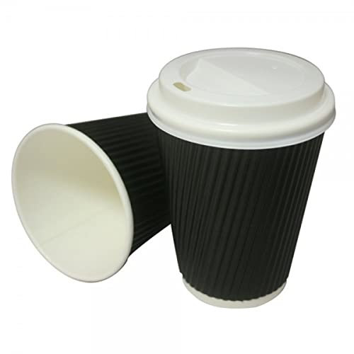 HOT BARGAINS Triple Wall Black Paper Coffee Cups with Lids, 8oz/230ml Disposable Ripple Cups, Pack of 100