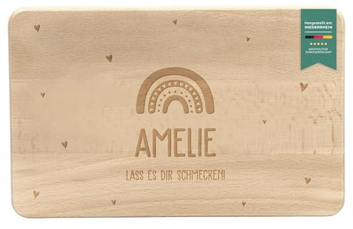 LAUBLUST Frühstücksbrettchen Personalisiert mit Gravur - ca. 24x15cm - Holz, FSC® | Regenbogen mit Herzen Motiv