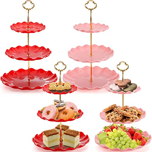 DEAYOU 4 Stück 3-stöckige Cupcake-Ständer, Kunststoff-Dessertständer, Display-Turm, gestufte Kuchenständer, Serviertabletts mit Goldstab, Gebäckregal-Halter, Platte für Buffet, Party, Rosa, Rot