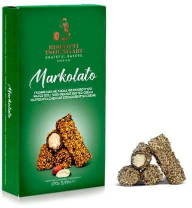 Tsoungari® | Cialda Ripiena Crema Arachidi Ricoperta Cioccolato | Cannoli Dolci Arachidi & Cioccolato - 170 Gr | Scatole Biscotti Regalo