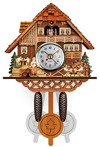 JAWSEU Kuckucksuhr, Holzhausszene Kuckuckuhr, Holz Handgefertigte Vogel Wanduhren Batteriebetriebene Wandpendel Quarzuhr für Heimdekoration