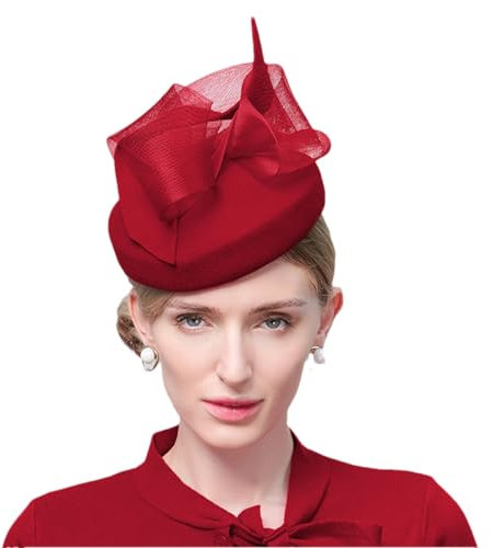 Bciopll Damen Wolle Fedoras Französisch Hüte mit Schleier Hochzeit Kirche Tee Party Kopfschmuck Baskenmütze Winter Pillbox Cap Rot 53 bis 57 cm, rot, Einheitsgröße