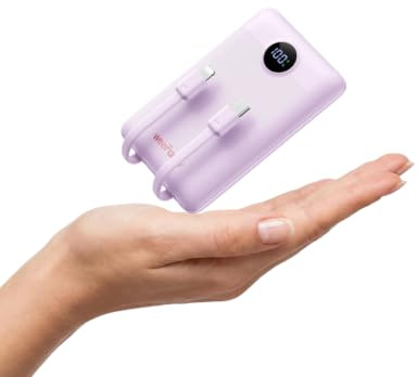 WeeFancy Mini Power Bank 10000mAh 22.5W Bärbar laddare USB C med integrerad kabel PD QC snabbladdning, ultrakompakt externt batteri med 2 utgångar kompatibel med iPhone 15/14/Galaxy/Xiaomi/OnePlus