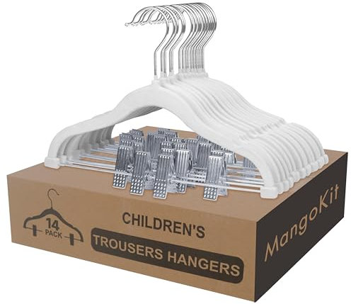 MangoKit 30cm Baby Kleiderbügel mit Verstellbaren Klammern, 14 Stück Hosenbügel, Samt Kinder Kleiderbügel, Ultradünne Platzsparende Kinderkleiderbügel für Hemden, Hosen, Kleider, Röcke, Jacken (Weiß)