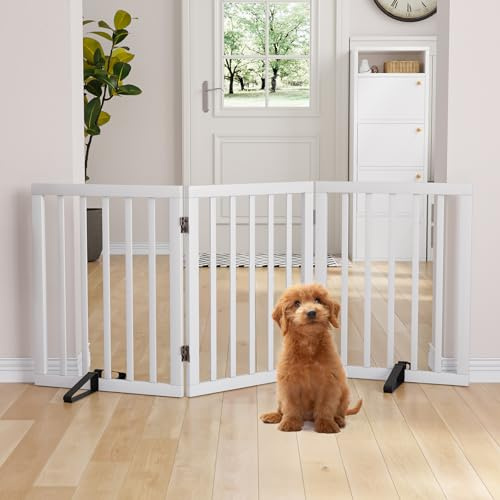 Semiocthome Freistehendes Hundegitter aus Bambus für Türen, 3-teilige Welpengitter für den Innenbereich, mit 2 Metallständern, 61 cm hoch, zusammenklappbares Haustiergitter für Treppen, erweiterbar