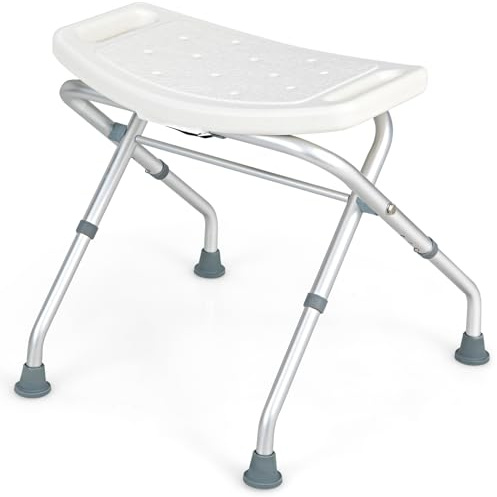 GOPLUS Vikbar duschpall, höjdjusterbar duschstol med dräneringshål och aluminiumram, badrumspall med halkfria fötter och handtag, för badrum, kan belastas upp till 150 kg (vit)