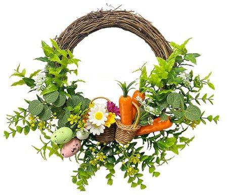 35,6 cm Großer Künstlicher Oster-Kranz mit Grünem Hasen-Ei und Karotten, Frühlings-Oster-Halbkranz, Osterdekorationen für Haustür, Wand, Heimdekoration (1)