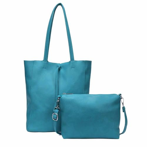 Damen Tasche Set 2in1 Shopper Handtasche Crossbody Hobo Bag Schultertasche Umhängetasche Metallic Cross-Over DIN-A4 Türkis