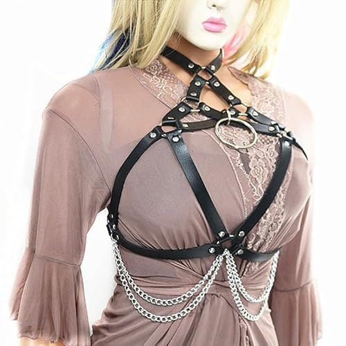 Brustgeschirr für Damen, Korsett, Dessous, PU-Leder, Taillenkette, Quasten, Zubehör, Rave, Club, Halloween, Party, Weihnachten, Schwarz, Einheitsgröße