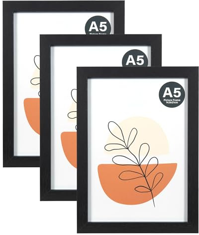 KAIWIN Bilderrahmen A5 Schwarz 3er Set, 21X14.8cm rahmen mit Acrylglas zum aufhängen und aufstellen, Bilderrahmen A5 Holz für Fotos, Bilder