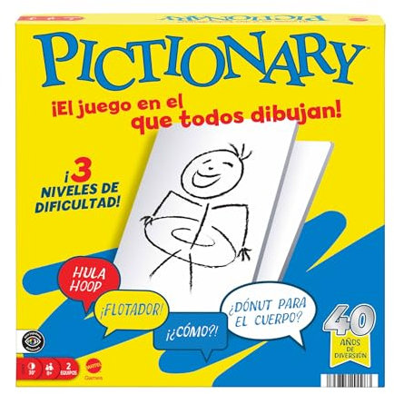 Mattel Games Pictionary Juego de mesa familiar para niños y niñas, adultos y noches de juego, para dos equipos con rotulador de tinta borrable, pizarras y reloj de arena, Versión Español, JDY00