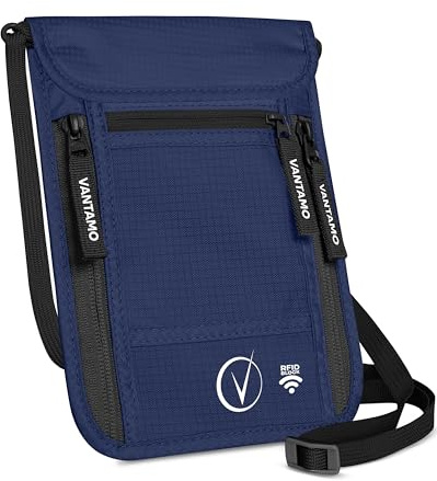Vantamo Pochette tour de cou pour hommes et femmes - Sac pour passeport - Pochette avec protection RFID - Sac de sécurité adapté pour passeport avec housse, Bleu foncé, M