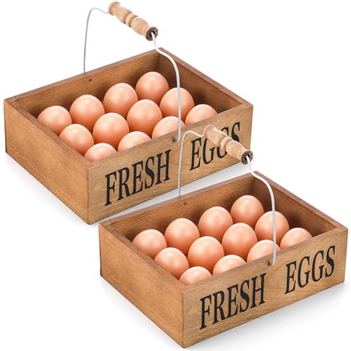 Wenqik Eierkorb aus Holz zum Sammeln von Eiern mit Griff, stapelbare Kisten, rustikale Aufbewahrungsbox mit Griff für Supermarkt, Bauernhof, Küchenzubehör, 2 Stück