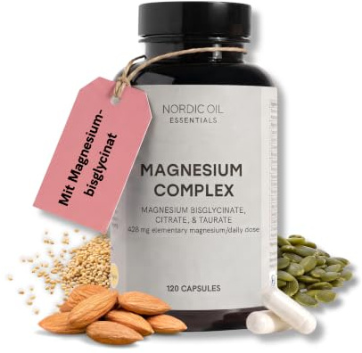 Magnesium Kapseln mit 428 mg pro Tag | 120 vegane Kapseln | Reiner Komplex aus Magnesiumbisglycinat, citrat & -taurat | hohe Bioverfügbarkeit & optimale Aufnahme | Laborgeprüft | Nordic Oil