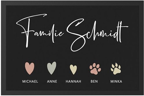 Fußmatte Familie personalisiert mit Namen als Einweihungsgeschenk | Personalisiert, aus Polyester mit Gummi-Rückseite, 60 x 40 cm, Einzugsgeschenk Wohnung, Fußabtreter, Erdfarben
