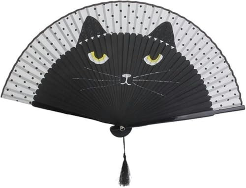 Faltbarer Handfächer, Handfächer aus Bambus, für Damen, Cartoon-Katze, Faltbarer Seidenfächer, Handfächer, süße Handfächer, Schwarz