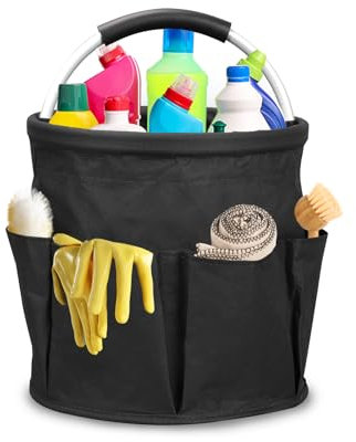 Qivine 17L Cleaning Caddy with Handle, Cleaning Supply Caddy Foldable Cleaning Caddy Cleaning Products Organizers Portable Cleaning Bucket Organiser for Storing Towels (Black)