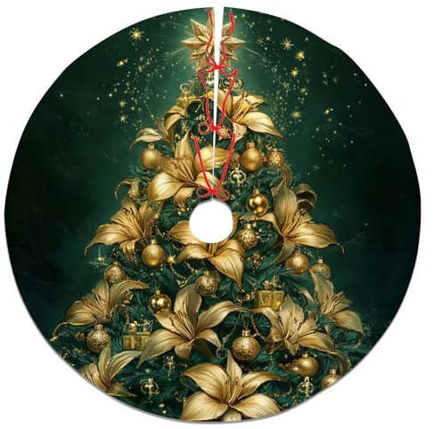 Elegant Golden Lily Christmas Tree Skirt, Green Holiday Decoration for Festive Home Decor, Xmas Party Indoor Outdoor Style 36 Inch