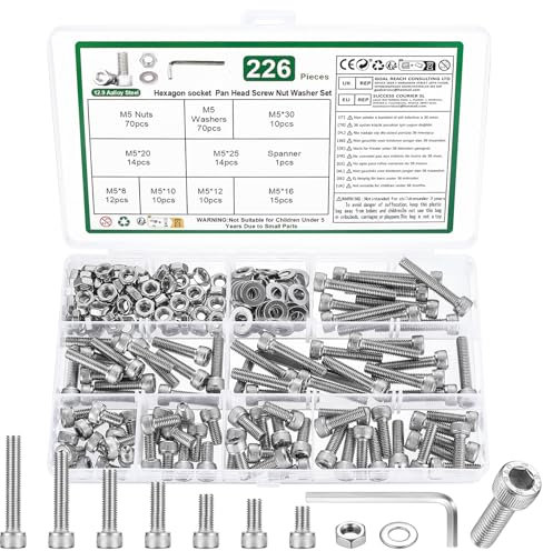 226 Pcs M5 Vis et écrous Set, Boulons Vis à Tête Cylindrique à Six Pans Creux Assortiment Kit, Boulon et écrous et Rondelles Set à Tête Hexagonale (Argent)