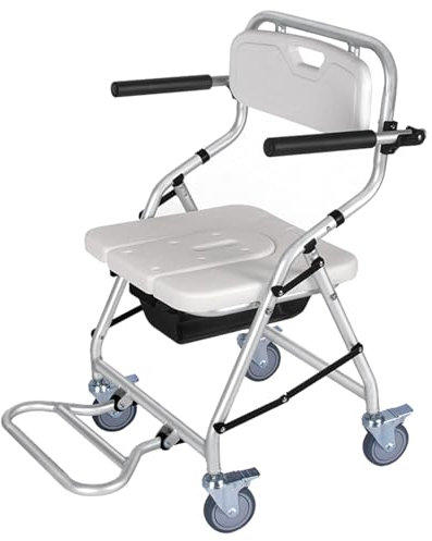 Bath Chair Shower Chair Commode Folding Commode Chair, Portable Folding Bathroom Wheelchairs Stool, Bath Shower Chair with Armrests and Wheels, for Handicap Elderly