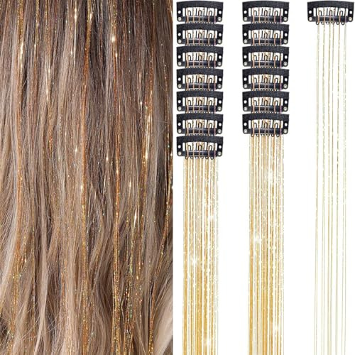WUSJCOF 12 Stück Glitter Hair Strands Tinsel Hair Extensions Glitter Girls Accessories Party Highlights Hair Tinsel Hair Strands for Braiding Hairpiece with Clip (50,8 cm) (gold)