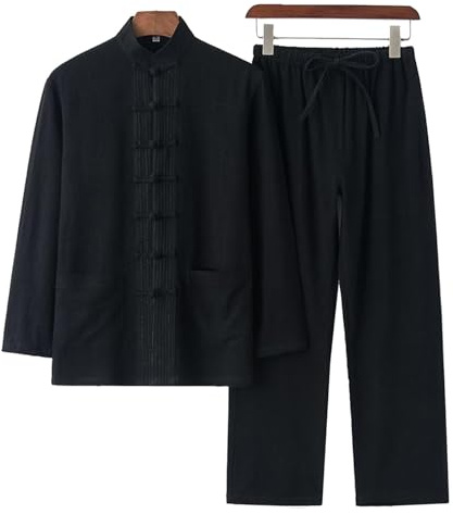 DAYKET Uniforme da Uomo Tai Chi, Tuta Tradizionale Cinese per Arti Marziali in Cotone e Lino Kung Fu Tangzhuang, Set Top a Maniche Lunghe + Pantaloni,Black-4XL