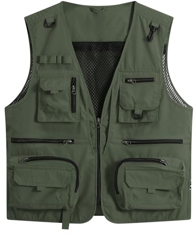 YOUTHUP Utility fiskeväst för män utomhus arbetsvästar sommar jakt fotografi safari Gilet, Armégrönt, XL