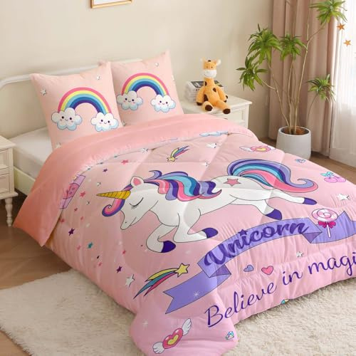 MUSOLEI Bettdecke 135x200 4 Jahreszeiten Bedruckt Bettdecken Einhorn Kinder Rosa Schlafdecke Bettdecke ohne Bezug Warme & Weiche Waschbar Ganzjahresdecke 135x200 mit 2 Kissenbezug 80x80