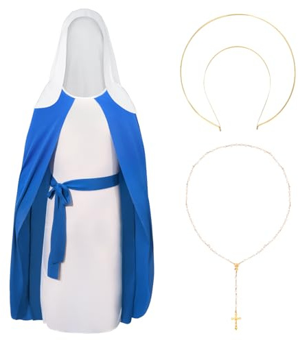 Costume de crèche de Marie pour fille – Robe bleue avec collier et serre-tête pour Halloween, Noël (taille M)