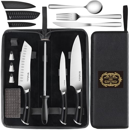 MOSFiATA Kitchen Knife Set with Bag, Portable Sharp Chef Knife Sets, Professional Japanese Santoku Carving Cooking Knives Set & Anti-Slip Handle, Sheaths, Stainless Steel Fork Spoon Sharpener Gift