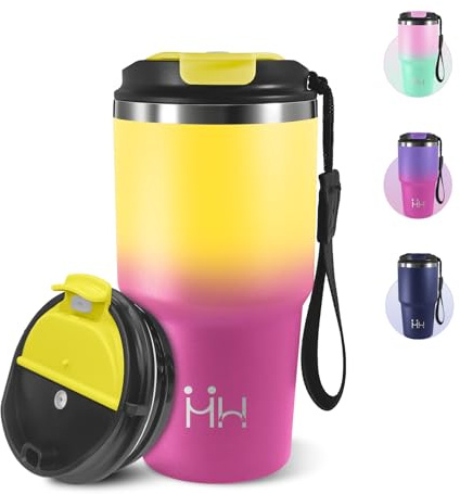 Mug Isotherme Cafe, 600 ml, Tasse à Café Isotherme avec Couvercle, 304 Acier Inoxydable, Réutilisable Tasse de Voiture avec Couvercle, Idéal pour le Café à Emporter et Le Bureau - Jaune&rose rouge
