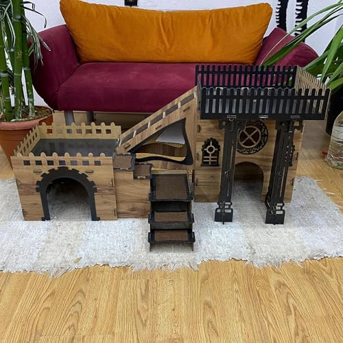 Triplex Kaninchenhaus mit Terrasse – 3-stöckiges Holzhaus mit Brücken & Rampen für bis zu 4 Kaninchen – Inkl. Kissen – Großes Spielhaus für Innenbereich (Eiche – Schwarz, N)