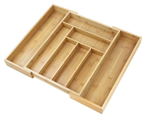 Bamboo Cutlery Drawer Organiser, Space-Saving 6-8 Storage Compartments Holds Silverware, Expandable Kitchen Utensil Tray Rack, Adjustable Cutlerys Divider Organiser for Silverware, Flatware, Knives