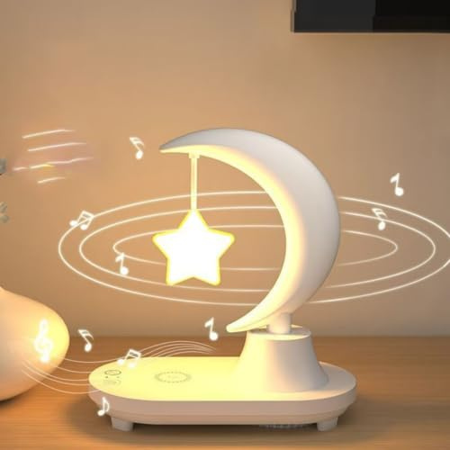 AstrizLamp Lampara de Noche con Cargador Inalambrico, 3 y 1 Luna Lámpara de Mesa,Táctil Regulable Altavoz Bluetooth & USB Recarga LED Lamparas de Mesita de Noche para Dormitorios Fiesta Decoración
