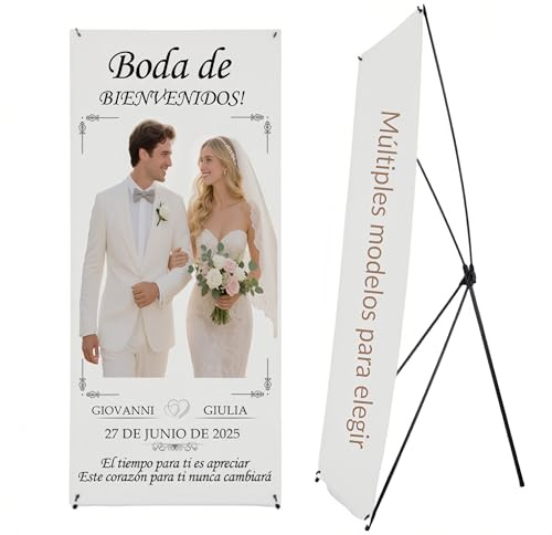 DUABELPHF Photocall Personalizado para Bodas 60 x 160 cm-Moda Popular Banner de Bienvenida,Decoración Boda-Sube tu Foto, Fecha, Nombre, Texto (Modelo 2)